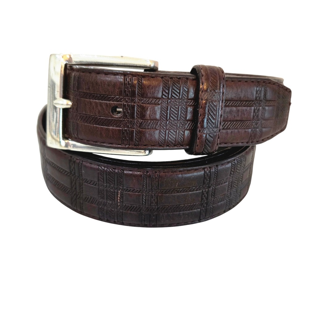 Brighton Leather Belt Size 42 Brown Embossed Plaid Silver Buckle M11048 Mens